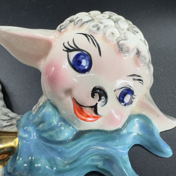 1950s Ceramic Lamb Shell Whimsical Hand Painted Wall Hanging Plaque Figure VTG - Picture 5 of 16